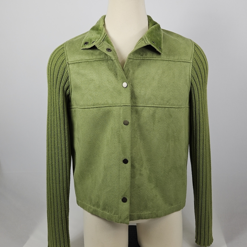 E Studio Y2K 90s Olive Green Jacket Women's S Faux Suede Knit Sleeve Snap  XL